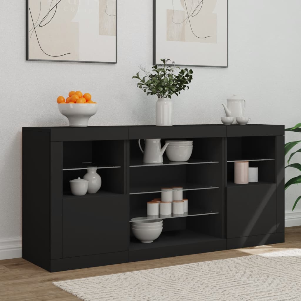 Sideboard with LED Lights Black 142.5x37x67 cm